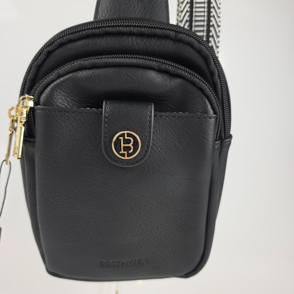 Bostanten NWT Black Leather‎ Sling Crossbody Bag Chevron Strap Gold Hardware - Picture 2 of 10